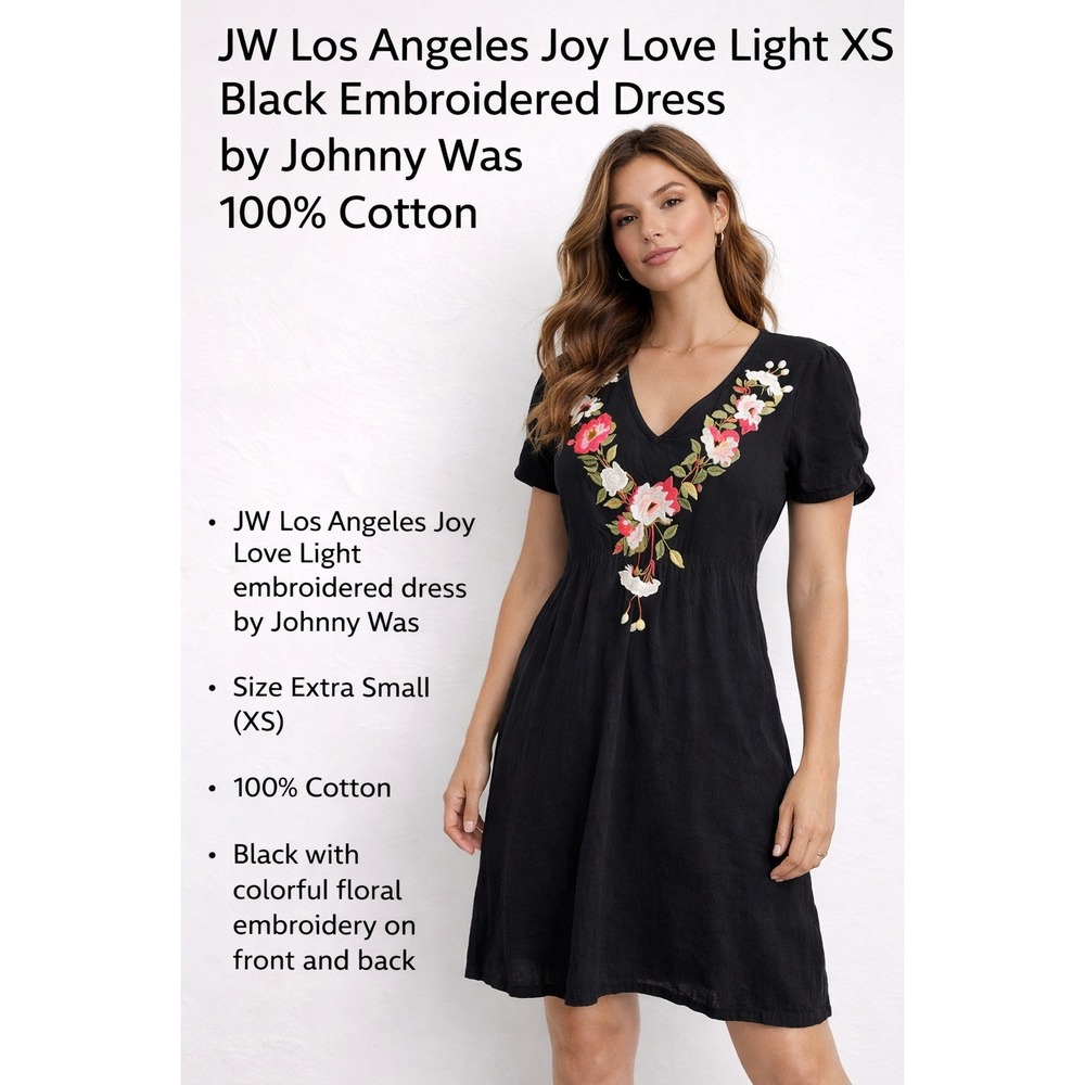 JW Los Angeles Johnny Was Joy Love Light Black Embroidered Cotton‎ Dress XS